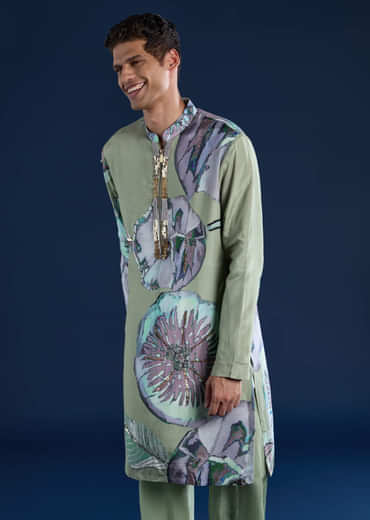 Green Muslin Sequin Work Mens Kurta and Pant Set