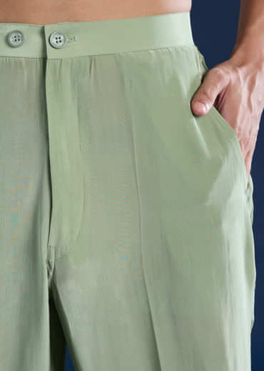 Green Muslin Sequin Work Mens Kurta and Pant Set