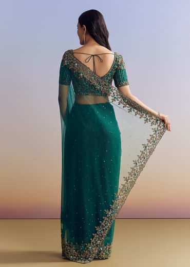 Green Net Saree Featuring Heavy Embroidered Border