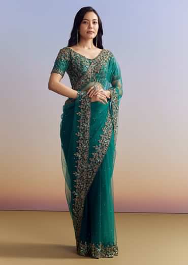 Green Net Saree Featuring Heavy Embroidered Border