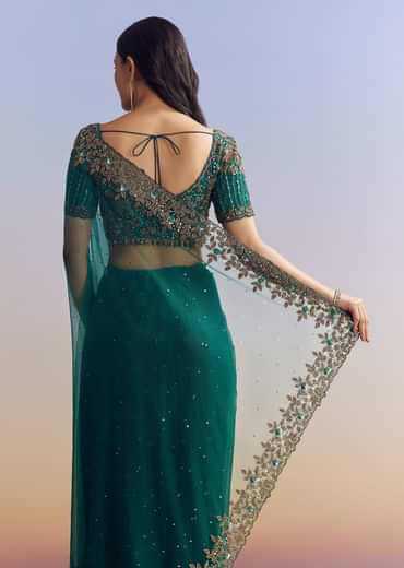Green Net Saree Featuring Heavy Embroidered Border