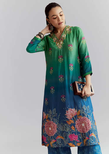 Green Ombre Crepe Palazzo Suit With Floral Print