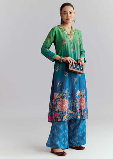 Green Ombre Crepe Palazzo Suit With Floral Print