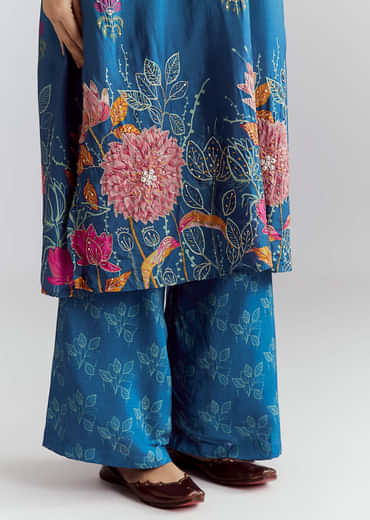 Green Ombre Crepe Palazzo Suit With Floral Print