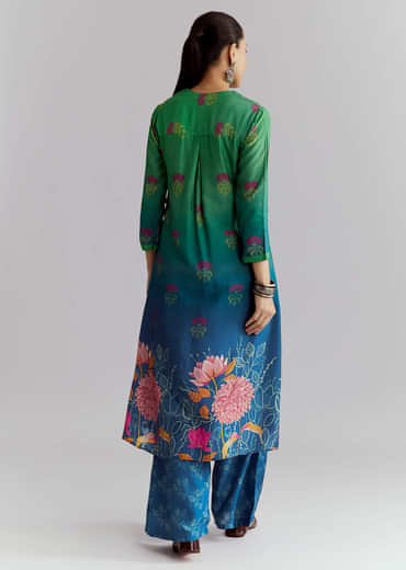 Green Ombre Crepe Palazzo Suit With Floral Print