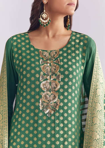 Green Ombre Georgette Kurta Set With Banarasi Weave