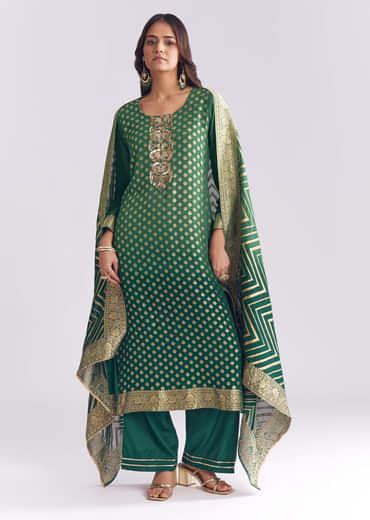 Green Ombre Georgette Kurta Set With Banarasi Weave