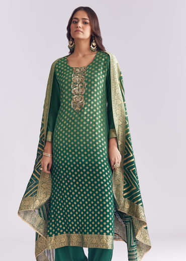 Green Ombre Georgette Kurta Set With Banarasi Weave