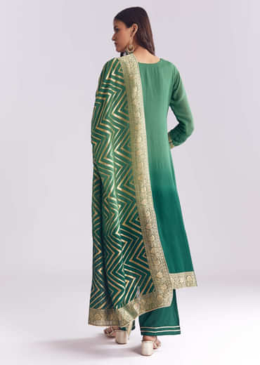 Green Ombre Georgette Kurta Set With Banarasi Weave