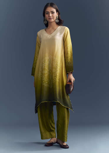 Green Ombre Satin Bandhani Co Ord Set With Moti Work