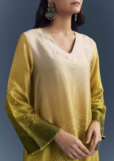 Green Ombre Satin Bandhani Co Ord Set With Moti Work
