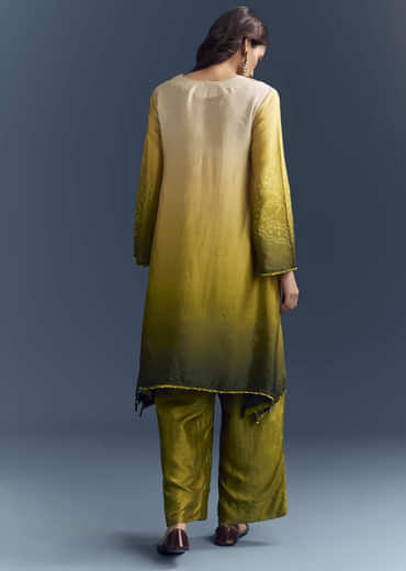 Green Ombre Satin Bandhani Co Ord Set With Moti Work