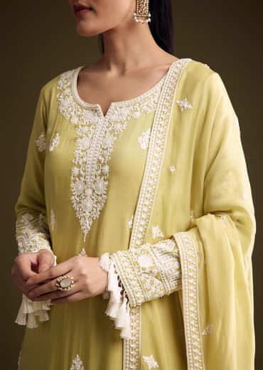 Green Organza Kurta Set With Thread Embroidery