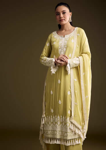 Green Organza Kurta Set With Thread Embroidery
