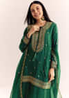 Green Organza Kurta Sharara Suit With Zari Butti Work