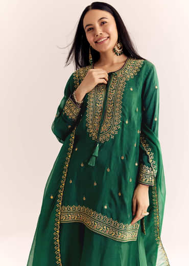 Green Organza Kurta Sharara Suit With Zari Butti Work