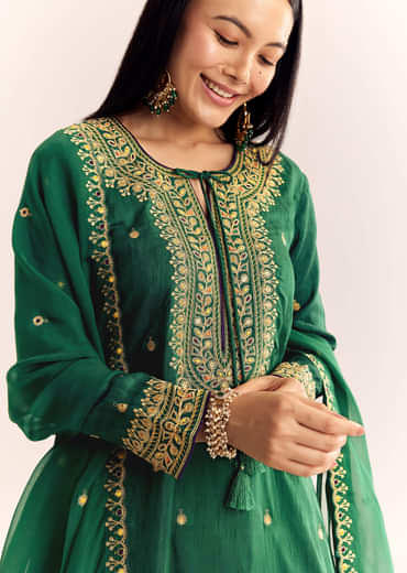 Green Organza Kurta Sharara Suit With Zari Butti Work
