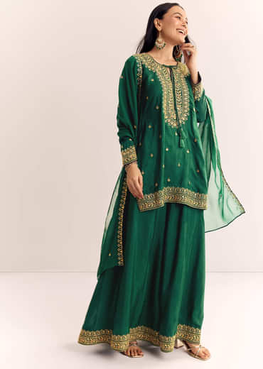 Green Organza Kurta Sharara Suit With Zari Butti Work