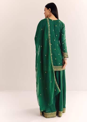 Green Organza Kurta Sharara Suit With Zari Butti Work