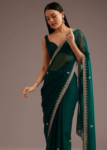 Green Organza Saree With Cutdana And Sequins Border