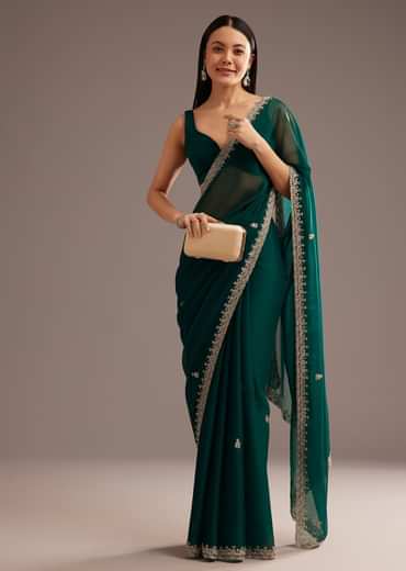 Green Organza Saree With Cutdana And Sequins Border