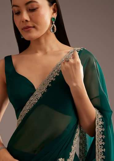 Green Organza Saree With Cutdana And Sequins Border