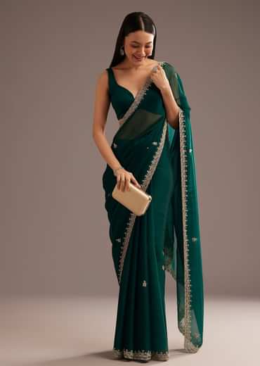 Green Organza Saree With Cutdana And Sequins Border