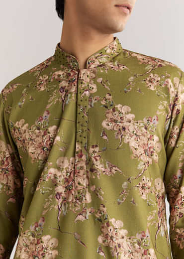 Green Pashmina Kurta Set With Sequin And Beaded Embroidery