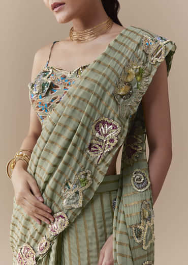 Green Pre Pleated Printed Saree with Gota Blouse