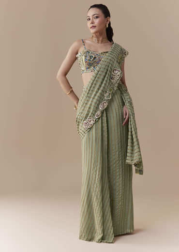 Green Pre Pleated Printed Saree with Gota Blouse