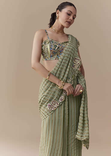Green Pre Pleated Printed Saree with Gota Blouse