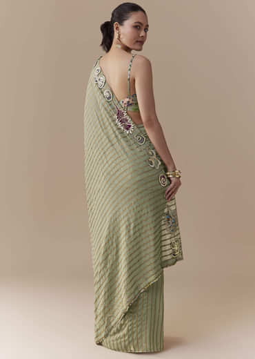 Green Pre Pleated Printed Saree with Gota Blouse