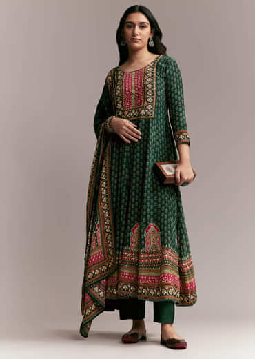 Green Printed Anarkali Set