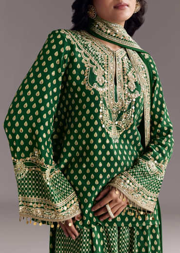 Green Printed Crepe Palazzo Set With Dupatta