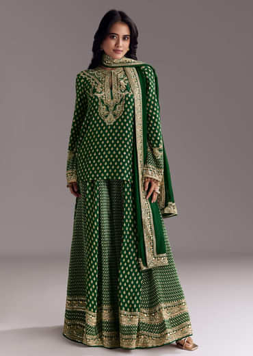 Green Printed Crepe Palazzo Set With Dupatta