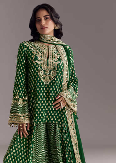 Green Printed Crepe Palazzo Set With Dupatta