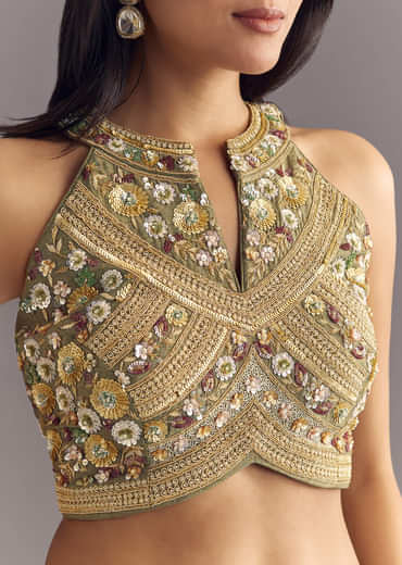Green Raw Silk Croptop With Zardosi Work Palazzo Suit