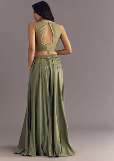 Green Raw Silk Croptop With Zardosi Work Palazzo Suit