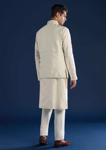 Green Raw Silk Jacket Kurta Set with Dori Work