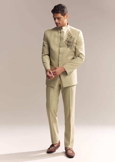 Green Rayon Jodhpuri Suit For Men With Zardosi Embroidery And Brooch