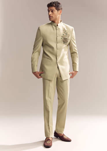 Green Rayon Jodhpuri Suit For Men With Zardosi Embroidery And Brooch
