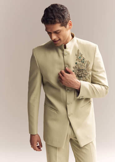 Green Rayon Jodhpuri Suit For Men With Zardosi Embroidery And Brooch