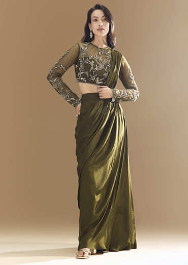 Green Ready Pleated Saree with Cutdana Blouse