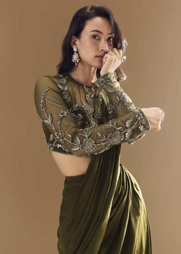 Green Ready Pleated Saree with Cutdana Blouse