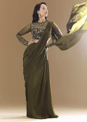 Green Ready Pleated Saree with Cutdana Blouse