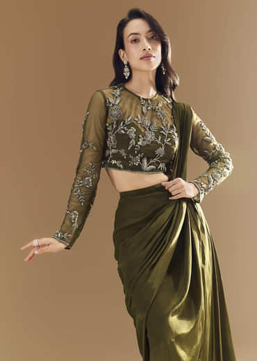 Green Ready Pleated Saree with Cutdana Blouse
