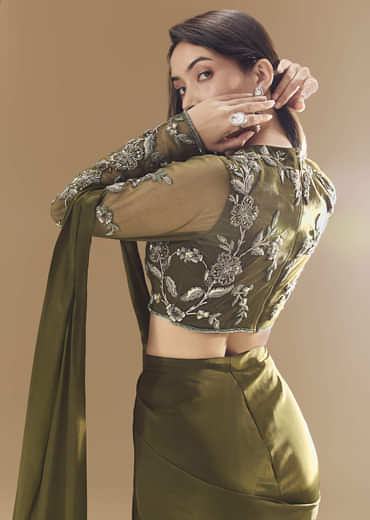 Green Ready Pleated Saree with Cutdana Blouse