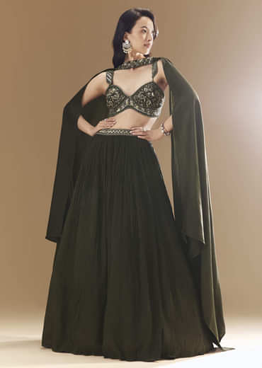 Green Ruched Bridesmaid Lehega with Choker Dupatta