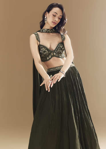 Green Ruched Bridesmaid Lehega with Choker Dupatta