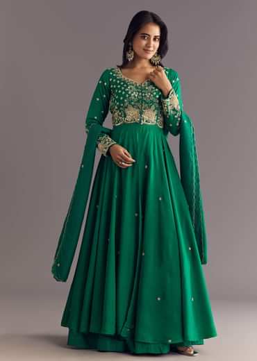 Green Russian Silk Front Slit Kurta Dupatta Set With Beaded Embroidery